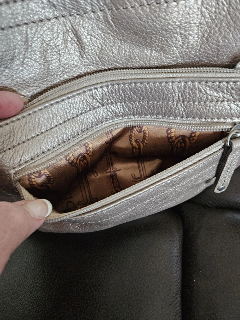 Tiagnello Metallic Champagne Leather Crossbody Bag